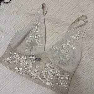 Bershka Cream Lace V-Neck Cropped Tank Top